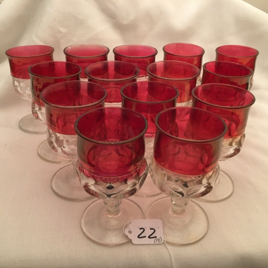 (14) Ruby Flash Water Goblets In King's Crown Pattern. Glasses are 5.5" tall.