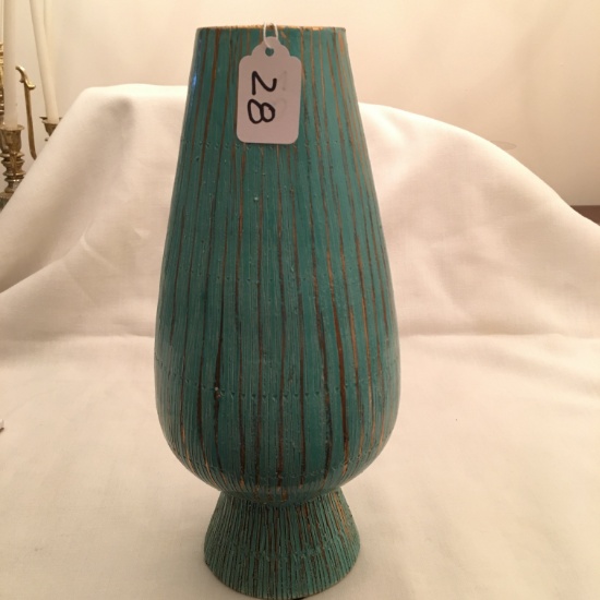 Italian Pottery Vase In Turquoise & Gold Is 12" Tall