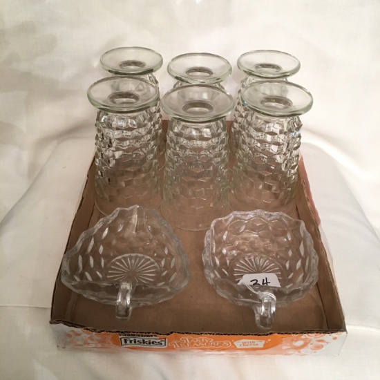 Fostoria Glass: (6) 6"T. Water Glasses & (2) Handled Nappy's