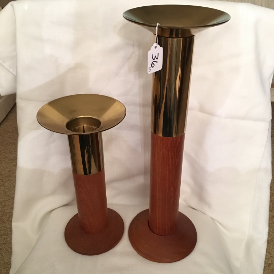 Pair Of Vintage Danish Wood/Brass Candle Holders Are 13" & 20" Tall