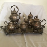 Vintage Silver On Copper Coffee & Tea Service With Tray