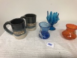 Two Art Pottery Mugs, Three Pieces of Art Glass