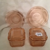 Pink Depression Glass: (2) Lidded Refrigerator Containers + (2) Bowls