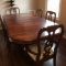 Wooden Double Pedestal Kitchen Table W/Leaf & (6) Queen Anne Chairs