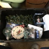 Plastic Tote W/Christmas Tree, Snow Dome, & Christmas Related Items