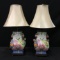 Pair Of Porcelain Lamps W/Oriental Design & Applied Flowers W/Shades