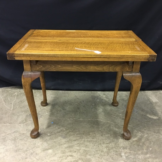Antique Oak Folding Game Table W/Queen Anne Feet