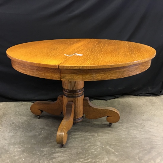 Antique Round Oak Table From Mersman Company, Celina, Ohio (Original Label) W/6 Extra Leaves
