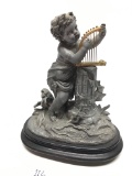 Antique Spelter Clock Topper Statue W/Child And Harp