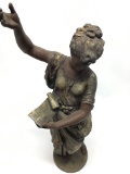 Antique Spelter Clock Topper Statue Of Young Lady Reading A Scroll