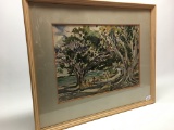 Signed Cecile Johnson Watercolor Print Of Shoreline & Trees