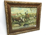 Framed Antique Print Of Girl & Horse W/Animals
