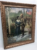 Framed Patriotic Print Of Black Man & Woman W/Troops & USA Flag