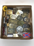 Lot Of Belt Buckles, Knives, & Lighters As Shown