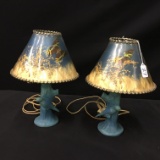 Pair Of Van Briggle Parakeet Lamps W/Original Shades Are 13