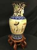 Hand Painted Floor Vase In Wooden Stand Is 26
