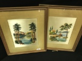 Pair Of Matted & Framed Oils On Silk