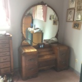 Vintage Vanity W/Round Mirror-Walnut Veneers