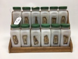 Vintage Milk Glass Spice Rack In Wooden Frame W/12 Jars