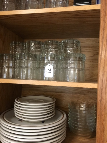 Cabinet W/Stoneware Dinnerware, Glasses, Sm. Bowls, & Similar Items As Shown