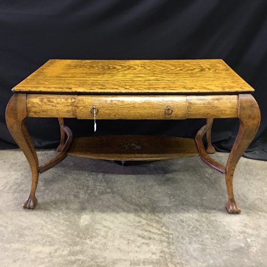 Antique Oak 1-Drawer Library Table W/Claw Feet