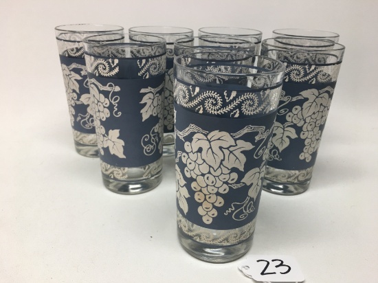 (8) Mid-Century Glasses W/Grape & Vine Pattern Are 5.5" Tall