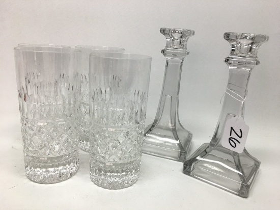 Glassware: (4) 6" Tall Glasses & (2) Candle Holders