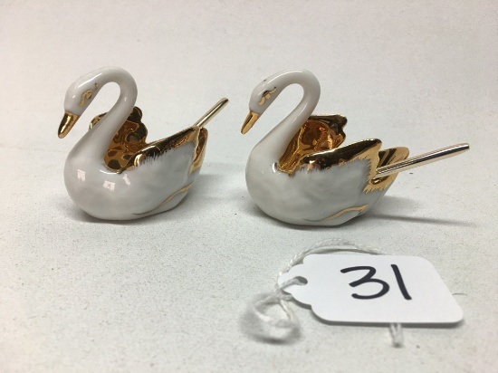 (2) Limoges, France Figural Swan Salt Dips W/Spoons Are 2" Tall