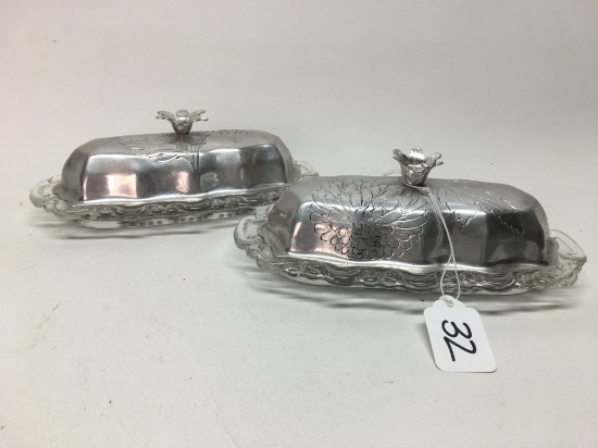 (2) Matching Vintage Covered Butters W/Aluminum Covers Are 8" Long
