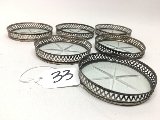 (6) Sterling Coasteers W/Glass Bottoms Are 3.25" Diameter