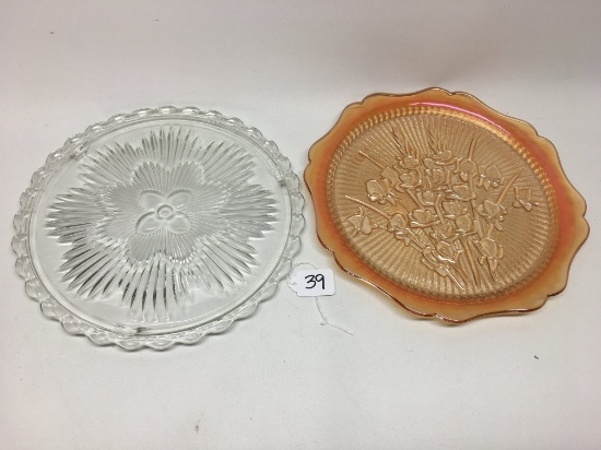 Pair Of Glass Serving Platters: (1) Iris & Herringbone