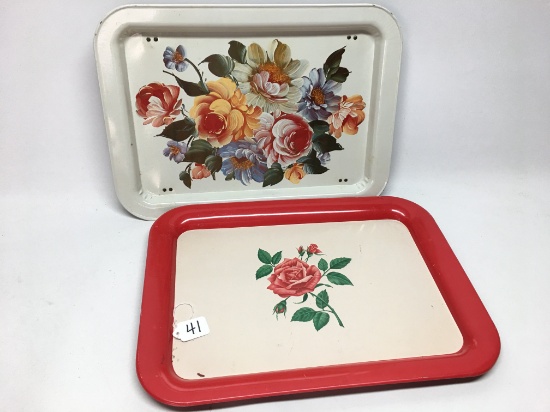 Pair Vintage Tin Serving Trays-One has Fold-Down Legs