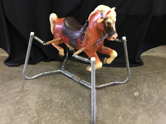 Vintage Plastic Hobby Horse On Metal Stand Is 31" Tall