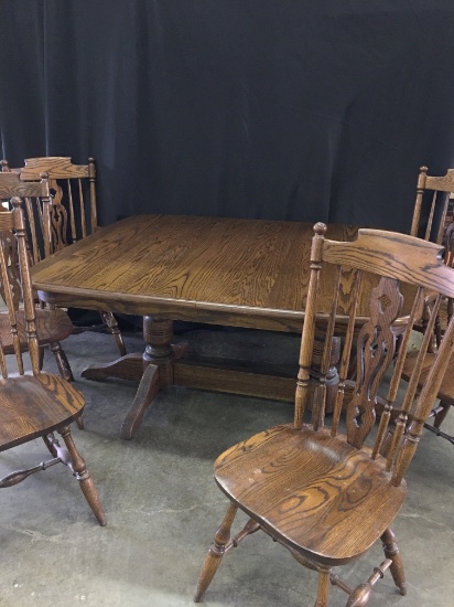 Oak Double Pedestal Kitchen Table & (6) Oak Chairs-Made In Buffalo, N.Y.