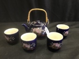 Oriental Blue W/Floral Teapot W/(4) Cups-Teapot Is 4.5