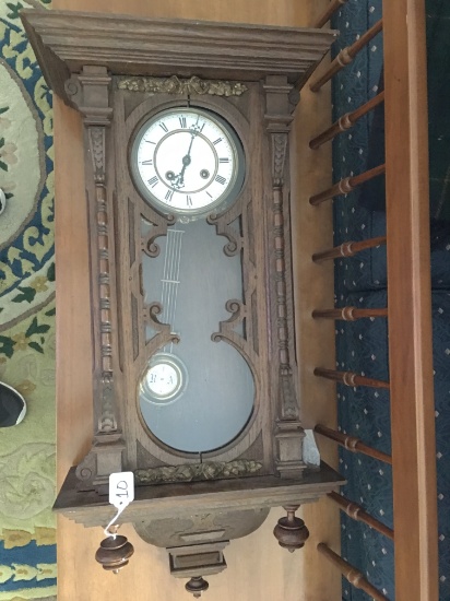Antique German Wall Regulator Clock W/Porcelain Pendelum & Dial