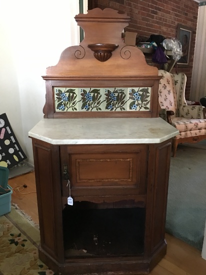 Antique European Marble Top Washstand W/Tile Back Splash & Inlaid Door