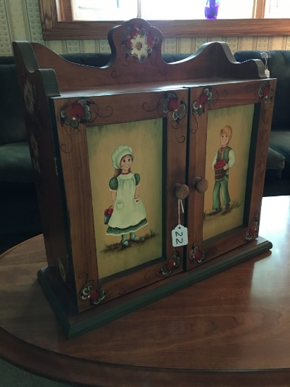 Folk Art Painted Hanging Cabinet W/Contents