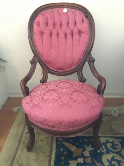 Victorian Walnut Upholstered Parlor Chair W/Tufted Back