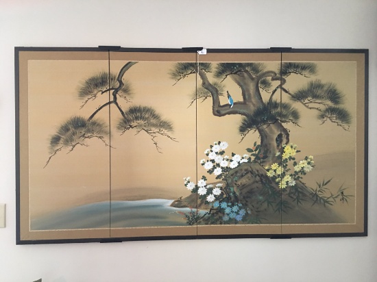 Oriental Hand Painted On Silk 4-Panel Wall Décor