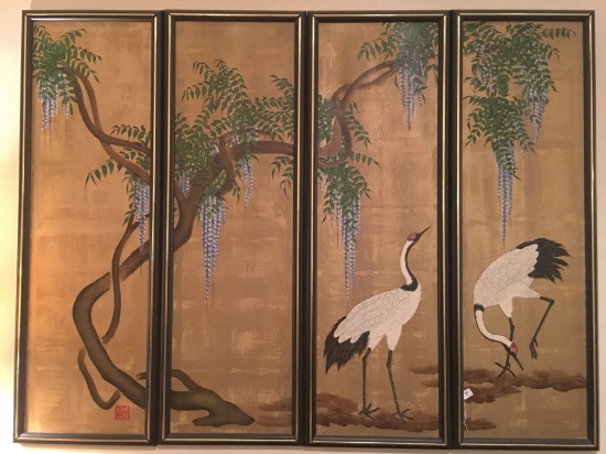 4-Panel Oriental Design Oil Of Canvas W/Birds