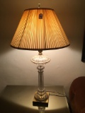 Pair Of Brass & Glass Table Lamps W/Cloth Shades