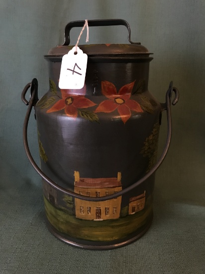 Hand Painted Tin Cream Can W/Lid
