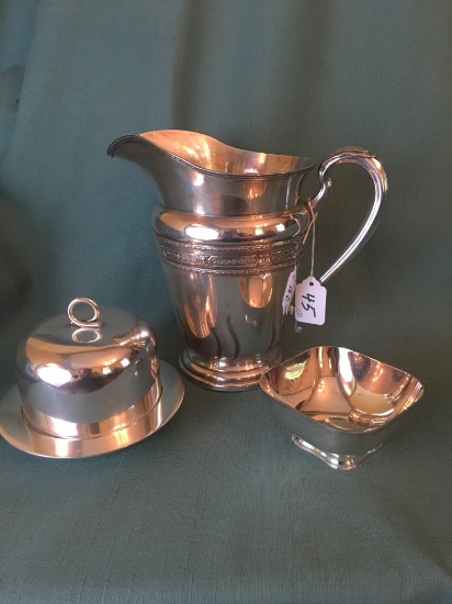 Silverplated Lot: 8"T Pitcher, Covered Butter, & Towle Bowl