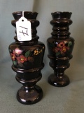 Pair Of Matching Hand Blown Vases W/Hand Painted Design