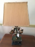 Unusual Decorator Lamp W/Metal Flowers & Cloth Shade Is 24