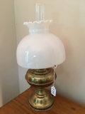 Antique Brass Oil Lamp W/Milk Glass Shade-Been Electrified-21