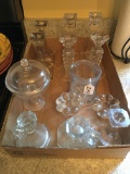 Lot Of Vintage Glassware: CandleHolders Incl. Fostoria, Lidded Compote, & More As Shown