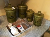 Vintage Ceramic Canister Set W/Glass Basket & Porcelain Vases