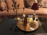 Brass Lot: Round Tray, Lamp, Snuffer, & Candle Holder